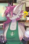  absurd_res anthro aquill areola biped breasts claws confusion detailed_background dragon hi_res looking_at_viewer mommy_kink mostly_nude nipples pink_eyes question_mark solo solo_focus starbucks_meme tan_body 