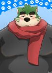  anthro blush bust_portrait canid canine canis domestic_dog eyebrows fur green_body green_fur hi_res lester232864759 lifewonders live-a-hero male mammal mokdai overweight portrait scarf smile solo thick_eyebrows video_games 