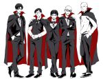  5boys bald belt black-framed_eyewear black_cape black_footwear black_hair black_pants bow bowtie cape crossed_arms formal glasses hand_in_pocket hand_on_another&#039;s_shoulder hoshino_yutaka kazama_ryuuichi kong_wenge long_sleeves looking_at_viewer male_focus multiple_boys own_hands_together pants ping_pong_(manga) red_cape sakuma_manabu shirt short_hair simple_background smile standing suit tsukimoto_makoto vampire_costume white_background white_shirt 