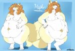 belly_overhang belly_rolls blep female hair hand_on_hip hand_on_stomach hi_res itskorrie mammal maple_(maplemash) multiple_poses navel obese obese_female orange_hair overweight overweight_female pose procyonid raccoon solo tongue tongue_out 