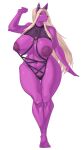  absurd_res anthro areola big_breasts blonde_hair breasts canid canine carsen clothed clothing ear_piercing female fox fur gem hair hi_res huge_breasts mammal nipples partially_clothed piercing purple_areola purple_body purple_fur purple_nipples simple_background solo thick_thighs wide_hips yellow_eyes 