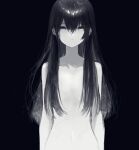  1girl aura bangs black_background black_hair closed_mouth completely_nude expressionless flat_chest grey_eyes hair_between_eyes hair_over_breasts highres long_hair looking_at_viewer mole mole_under_eye navel nude original pale_skin simple_background solo straight-on upper_body xoxzxox 