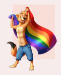  4pcsset anthro barefoot bottomwear clothed clothing diesel_(evanskvrl) ear_piercing ear_ring feet flag hi_res holding_flag holding_object lgbt_pride long-tailed_weasel male mammal mustela mustelid musteline open_mouth pants piercing pink_sclera pride_colors rainbow_flag rainbow_pride_colors rainbow_pride_flag rainbow_symbol ring_piercing simple_background six-stripe_rainbow_pride_colors smile solo topless true_musteline 