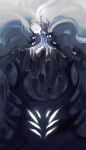  6+others chinese_commentary commentary_request darkness funeralll_black glowing glowing_eyes grey_background grey_cloak highres hollow_eyes hollow_knight looking_at_another looking_to_the_side multiple_others no_humans pale_king_(hollow_knight) shade_(hollow_knight) sitting throne void_entity_(hollow_knight) 