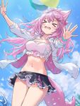  &gt;o&lt; 1girl animal_ear_fluff animal_ears arms_up ball bangs beachball blue_sky blush bow bracelet breasts cloud cloudy_sky cowboy_shot frills grass guchico hair_ornament hands_up highres jewelry long_hair medium_breasts midriff navel open_clothes open_mouth open_shirt original outdoors panties pink_hair pink_tail shirt sky solo splashing standing stomach swimsuit tail underwear water white_shirt wolf_ears wolf_girl wolf_tail 