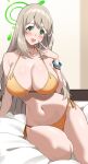  1girl :d absurdres bangs bed_sheet bikini blonde_hair blue_archive blush bracelet breasts cleavage green_eyes halo hand_up highres jewelry large_breasts leaning_to_the_side long_hair looking_at_viewer navel nonomi_(blue_archive) nonomi_(swimsuit)_(blue_archive) on_bed orange_bikini side-tie_bikini sitting smile solo stomach swimsuit thighs very_long_hair za_yu_a 