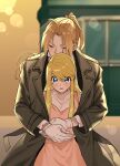  1boy 1girl ahoge bangs blonde_hair blue_eyes blurry blush bokeh brown_hair closed_eyes coat covered_mouth cowboy_shot day depth_of_field dress earrings edward_elric fullmetal_alchemist gloves ground_vehicle height_difference hetero highres hug hug_from_behind jewelry long_hair long_sleeves looking_at_viewer parted_bangs pinafore_dress ponytail shared_clothes shared_coat sidelocks surprised swept_bangs tosisulsa train turtleneck white_gloves winry_rockbell yellow_eyes 