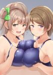  1boy 2girls blue_swimsuit blush bow breasts brown_hair closed_mouth collarbone green_bow grey_background hair_bow hair_rings hetero highres implied_paizuri koizumi_hanayo large_breasts light_brown_hair long_hair looking_at_viewer love_live! love_live!_school_idol_project minami_kotori multiple_girls open_mouth purple_eyes shinonon_(iso_shino) short_hair simple_background swimsuit tongue wavy_mouth yellow_eyes 
