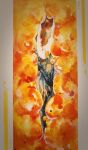  1other absurdres chinese_commentary commentary_request cracked_skin funeralll_black grey_cloak hand_up highres hollow_knight hollow_knight_(character) mask no_humans orange_eyes painting_(medium) photo_(medium) solo stuck traditional_media watercolor_(medium) 