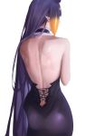  1girl absurdres ass back backless_dress backless_outfit black_dress dress from_behind highres hololive hololive_english long_hair looking_to_the_side multicolored_hair ninomae_ina&#039;nis pointy_ears purple_hair simple_background spicyyrum tentacle_hair very_long_hair virtual_youtuber white_background 