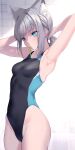  1girl animal_ear_fluff animal_ears armpits arms_behind_head arms_up bare_arms blue_archive blue_eyes breasts competition_swimsuit cowboy_shot cross_hair_ornament fukai_ryosuke grey_hair hair_ornament hair_tie_in_mouth highleg highleg_swimsuit highres mismatched_pupils mouth_hold one-piece_swimsuit shiroko_(blue_archive) shiroko_(swimsuit)_(blue_archive) sidelocks small_breasts solo swimsuit two-tone_swimsuit tying_hair wet white_background 