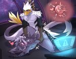  &lt;3 anthro aquill avery_(aquill) avian biped bird black_body blue_eyes corvid detailed_background doggystyle dragon duo female from_behind_position hi_res hybrid impregnation male male/female oscine passerine red_eyes sex smile sperm_cell watermark white_body 