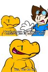  agumon anthro bandai_namco brown_hair comic digimon digimon_(species) duo english_text eyewear gmz98422340 goggles green_eyes hair hi_res human humor male mammal taichi_kamiya text 