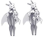  anthro armwear bottomwear bow_tie breasts cape chest_tuft cleavage clothed clothing female hair legwear monochrome nipples nox_(artist) simple_background solo standing tagme topwear torn_clothing torn_legwear tuft unknown_species white_background 