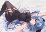  1girl absurdres ahoge bangs bare_arms bed_sheet black_legwear blue_hair blush bodystocking bodysuit breasts covered_navel ganyu_(genshin_impact) genshin_impact highres horns knees_up long_hair looking_at_viewer lying medium_breasts no_gloves on_back purple_eyes sidelocks sleeveless solo thigh_gap thighlet thighs yorozuya_(yoroz_ryobi) 