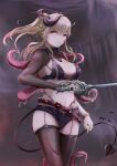  1girl alternate_costume arm_tattoo belt blonde_hair blurry blurry_background brown_legwear choker closed_mouth corruption crack dated demon_horns demon_tail fingernails frown garter_straps genshin_impact head_wings heart heart-shaped_pupils heart_belt holding holding_sword holding_weapon horns jean_(genshin_impact) long_fingernails long_hair looking_at_viewer mingduan mini_wings navel o-ring pink_pupils ponytail pubic_tattoo purple_choker purple_nails red_eyes see-through sharp_fingernails shoulder_tattoo signature slime_(substance) solo sword symbol-shaped_pupils tail tattoo tentacles thighhighs vision_(genshin_impact) weapon wings wrapping 