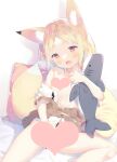  1girl :d animal_ear_fluff animal_ears bangs bed_sheet blonde_hair blush brown_eyes brown_skirt censored clothes_lift collared_shirt commentary_request dress_shirt feet_out_of_frame fox_ears fox_girl fox_tail heart heart_censor long_hair looking_at_viewer navel object_hug off_shoulder open_clothes open_shirt original parted_bangs pillow red_eyes shadow shirt skirt skirt_lift smile solo stuffed_animal stuffed_shark stuffed_toy suspender_skirt suspenders tail white_background white_shirt yuizaki_kazuya 