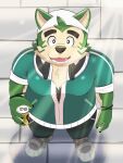  anthro beverage blush canid canine canis canned_drink domestic_dog eyebrows fur green_body green_fur hi_res high-angle_view inugamihito lifewonders live-a-hero male mammal mokdai overweight solo thick_eyebrows video_games wristband 