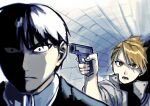  1boy 1girl black_hair blonde_hair brown_eyes closed_mouth eyelashes fullmetal_alchemist grey_jacket gun highres holding holding_gun holding_weapon jacket long_eyelashes lower_teeth open_clothes open_jacket open_mouth ozaki_(tsukiko3) painterly pointing_weapon red_eyes riza_hawkeye roy_mustang sleeves_rolled_up teeth tongue upper_body weapon wide-eyed zipper 