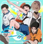  4boys :d bald ball black_hair blue_background brown_eyes crossed_arms dark-skinned_male dark_skin glasses highres holding holding_paddle hoshino_yutaka kazama_ryuuichi kong_wenge male_focus multiple_boys orange_shirt paddle parted_lips ping_pong_(manga) pirorin21century pose shirt shoes short_sleeves smile sneakers sportswear star_(symbol) sweat table_tennis_ball table_tennis_paddle tsukimoto_makoto white_shirt 