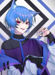  1boy animal_ears blue_hair cat_boy cat_ears chocolate4170615 ear_piercing fangs highres jacket jewelry long_sleeves looking_at_viewer male_focus nail_polish open_mouth original piercing purple_eyes ring short_hair sleeves_past_wrists solo tongue tongue_out turtleneck 