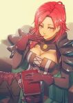  1girl aduti_momoyama armor breasts cleavage dark-skinned_female dark_skin fire_emblem fire_emblem:_three_houses fire_emblem_warriors:_three_hopes from_above hapi_(fire_emblem) highres large_breasts long_hair looking_at_viewer medium_hair official_alternate_costume official_alternate_hairstyle red_hair shoulder_armor solo 