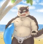  anthro asian_clothing beach belly blush canid canine canis clothing domestic_dog east_asian_clothing eyebrows fundoshi fur fy_bearsoul grey_body grey_fur hi_res japanese_clothing lifewonders male mammal moritaka musclegut navel nipples pecs scar seaside solo swim_ring thick_eyebrows tokyo_afterschool_summoners underwear video_games 
