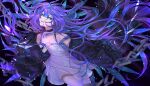  1girl absurdres blue_eyes blue_hair chocolate4170615 choker dress facing_to_the_side highres jacket long_hair long_sleeves looking_to_the_side multicolored_hair open_mouth original purple_hair sky solo star_(sky) starry_sky thighhighs very_long_hair white_dress 