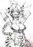  1girl abs animal_ears armpits biceps blqueen bra breasts breath_of_fire breath_of_fire_ii cat_ears cat_girl fangs highres muscular muscular_female rinpoo_chuan sharp_teeth short_hair smile staff tail teeth tiger_tail underwear 