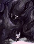  2others black_background darkness funeralll_black grey_cloak highres holding holding_weapon hollow_eyes hollow_knight knight_(hollow_knight) multiple_others no_humans standing void_entity_(hollow_knight) weapon 