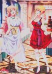 2girls :o absurdres artist_request blonde_hair blue_eyes bracelet breasts cake chocolate_cake cleavage cocktail_glass copyright_name cup curtains dress drinking_glass earrings evening_gown fang food full_body hair_ornament hairclip high_heels highres indoors jewelry kujou_shion long_hair looking_at_viewer multiple_girls necklace non-web_source official_alternate_costume official_art onishima_homare open_mouth pearl_necklace purple_eyes red_dress red_footwear smile sounan_desuka? standing twintails white_dress 