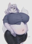  absurd_res anthro belly belly_blush belly_overhang big_belly big_breasts blouse blush body_blush bottomwear breasts canid canine canis clothing cumu domestic_dog eyewear female glasses hair hi_res huge_breasts mammal navel one_eye_closed open_mouth overweight overweight_anthro overweight_female pencil_skirt pineconedraws round_glasses skirt solo topwear white_body white_hair 