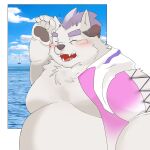  absurd_res anthro beach behemoth_(housamo) belly big_belly clothing fur gesture hi_res horn lifewonders male moobs overweight sahuel_s seaside smile solo swimwear tokyo_afterschool_summoners video_games waving white_body white_fur 