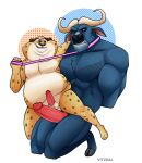  anthro benjamin_clawhauser bovid bovine cape_buffalo chief_bogo disney dominant dominant_male duo felid hi_res horn leash leash_pull leopard male male/male mammal pantherine power_bottom size_difference vitzeal zootopia 