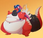  4_toes anthro belly big_belly big_moobs cowiie feet gradient_background hi_res huge_thighs koraidon male moobs morbidly_obese morbidly_obese_anthro morbidly_obese_male navel nintendo obese obese_anthro obese_male orange_background overweight overweight_anthro overweight_male pok&eacute;mon pok&eacute;mon_(species) red_body red_eyes simple_background solo standing thick_tail thick_thighs toes video_games white_belly 