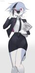  anthro avian biped bird blue_hair bottomwear clothing female gesture hair hi_res necktie office_clothing paper red_eyes royluna salute shirt signature simple_background skirt solo solo_focus topwear white_background white_body 