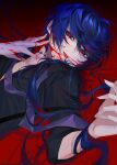  1boy absurdres black_shirt blood blood_on_clothes blood_on_face blue_hair chocolate4170615 closed_mouth highres long_hair looking_at_viewer lying male_focus on_side original red_eyes shirt short_hair solo tongue tongue_out 