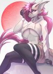  absurd_res anthro aquill areola areola_slip biped clothing dragon female footwear hair hi_res horn legwear looking_at_viewer meme meme_clothing navel pink_eyes pink_hair pupils simple_background slit_pupils socks solo sweater thigh_highs thigh_socks topwear virgin_killer_sweater white_background 