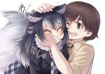  1boy 1girl afterimage animal_ears blush brown_eyes brown_hair captain_(kemono_friends) cheek-to-cheek closed_eyes collared_shirt commentary_request fur_collar grey_hair grey_jacket grey_necktie grey_skirt grey_wolf_(kemono_friends) hand_on_another&#039;s_head heads_together highres jacket kemono_friends kemono_friends_3 khakis kosai_takayuki long_hair long_sleeves necktie one_eye_closed plaid plaid_necktie plaid_skirt pleated_skirt shirt short_hair short_sleeves skirt t-shirt tail tail_wagging uniform white_fur white_hair wolf_ears wolf_girl wolf_tail 