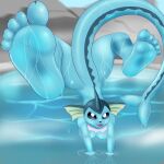  5_toes absurd_res anthro anthrofied big_feet blue_body blue_skin breasts dripping eeveelution feet female foot_focus handstand hi_res humanoid_feet legs_up looking_at_viewer nintendo nude partially_submerged pok&eacute;mon pok&eacute;mon_(species) prismosis soles solo spread_legs spreading toes vaporeon video_games water wet wet_body 