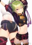  1girl absurdres acrylicstroke arms_up ass black_gloves black_shorts body_markings breasts cowboy_shot crop_top cropped_jacket fishnet_top fishnets from_behind genshin_impact gloves green_hair hair_ornament highres jacket kuki_shinobu midriff navel no_mask one_eye_closed open_clothes open_jacket ponytail purple_eyes purple_jacket short_shorts shorts small_breasts solo stretch thighhighs 