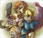  2girls angel_wings blonde_hair blue_dress breasts breath_of_fire breath_of_fire_ii bridal_gauntlets brown_eyes capcom cat_girl dress green_eyes long_hair multiple_girls nina_(breath_of_fire_ii) phone puffy_sleeves purple_wings red_hair rinpoo_chuan selfie sicky_(pit-bull) tail tiger_tail v wings 