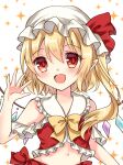  1girl adapted_costume bare_shoulders blonde_hair bow bowtie breasts commentary_request flandre_scarlet frilled_shirt_collar frills hair_between_eyes hat highres long_hair looking_at_viewer mob_cap multicolored_wings nami7711 navel open_mouth red_eyes shiny shiny_hair side_ponytail simple_background small_breasts solo sparkle touhou upper_body waving white_background white_headwear wings yellow_bow yellow_bowtie 