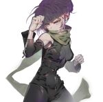  1girl alternate_hair_color black_bodysuit bodysuit breasts clenched_hands commentary_request detached_sleeves fighting_stance green_scarf hair_up highres kemurikusa purple_eyes purple_hair rin_(kemurikusa) scarf solo standing tanakalma v-shaped_eyebrows zipper_pull_tab 
