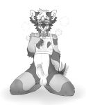  2021 anthro aroused balls biped bodily_fluids bone_collar_tag canid canine canis cheek_tuft claws collar domestic_dog ear_tuft eyebrows facial_tuft fingerless_(marking) front_view genitals glitchedskunk grey_body greyscale hair half-closed_eyes hi_res humanoid_genitalia humanoid_penis inner_ear_fluff jayson_(lewdjayson) kneeling looking_at_viewer male mammal mastiff molosser monochrome narrowed_eyes navel nipples penis pooltoyz_(artist) rottweiler saliva simple_background solo tail_motion tailwag tongue tongue_out tuft white_background 