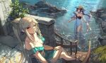  2girls absurdres anbiya_h bare_shoulders breasts brick_wall cleavage crossed_legs dress feet genshin_impact green_dress hat highres jewelry large_breasts legs long_hair looking_at_viewer medium_breasts mona_(genshin_impact) multiple_girls necklace ningguang_(genshin_impact) ocean outdoors partially_submerged ponytail purple_hair red_eyes sandals sandals_removed scenery sitting stairs sunlight swimsuit twintails water white_hair 