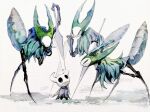  absurdres black_eyes bug chinese_commentary cloak commentary_request funeralll_black grey_cloak highres hollow_eyes hollow_knight knight_(hollow_knight) looking_at_another looking_down looking_up mantis_lord_(hollow_knight) mask no_humans painting_(medium) shadow simple_background standing traditional_media watercolor_(medium) weapon 