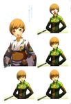  brown_hair gradient gradient_background looking_at_viewer megaten official_art persona persona_4 satonaka_chie shadow_(persona) soejima_shigenori sweater translation_request yellow_eyes yukata 