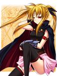  bad_id bad_pixiv_id blonde_hair cape fate_testarossa gloves hair_ribbon lyrical_nanoha mahou_shoujo_lyrical_nanoha red_eyes ribbon shiboru skirt solo thighhighs 