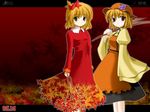  aki_minoriko aki_shizuha blonde_hair branch food fruit grapes hair_ornament hat highres leaf leaf_background leaf_hair_ornament leaf_on_head multiple_girls negative_space short_hair siblings side_b sisters touhou wallpaper yellow_eyes 